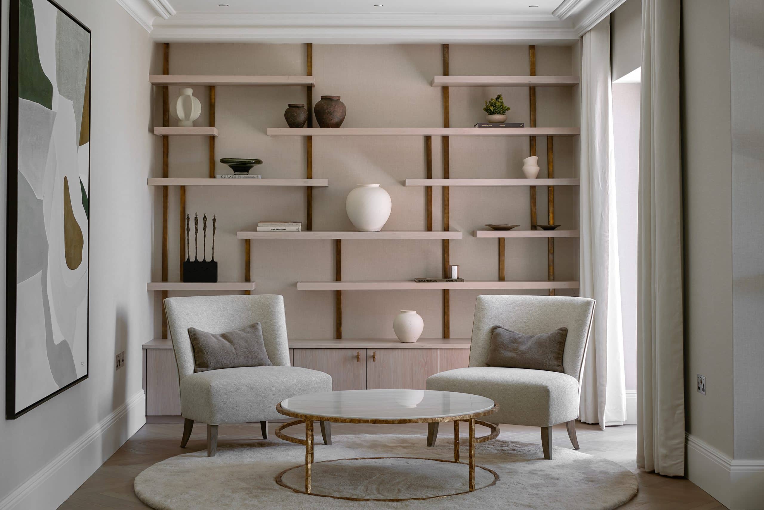 Luxury drawing room with bespoke shelving and lighting in Kent
